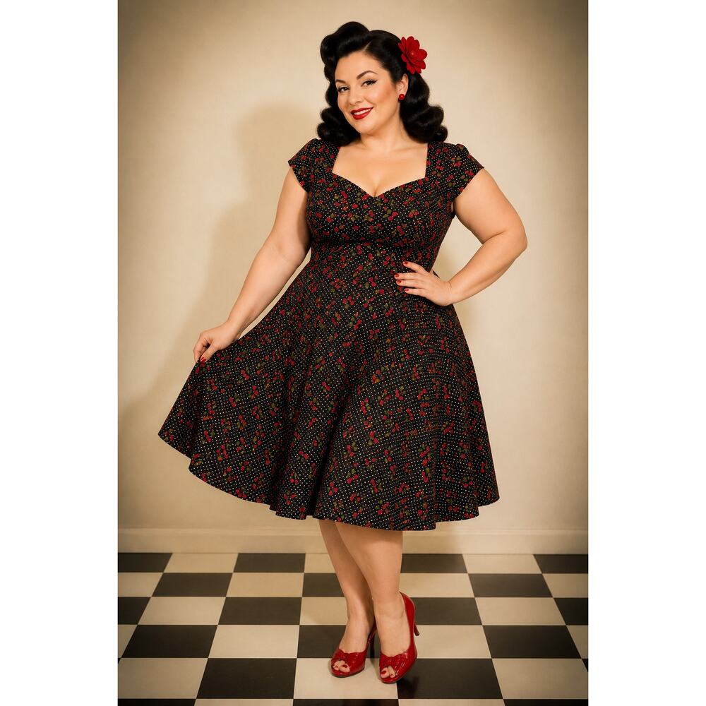 Stop Staring Vintage 50s Midi Swing Dress Women's Size 18 Red Cherry Rockabilly